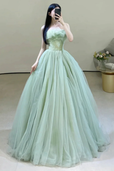 Strapless Green Tulle Long Prom Dresses, Green Tulle Long Formal Evening Dresses KPP1624