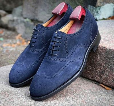 Handmade Men's Navy Blue Suede Shoes, Men's Lace up Wing Tip Brogue Formal Shoes