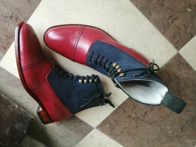 Maroon Blue Two Tone Cap Toe Superior Leather Mens High Ankle Lace Up Boots