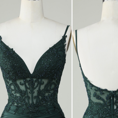 Dark green homecoming dresses short prom dresses straps - Thumbnail 1