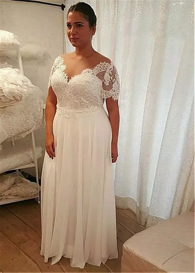 Plus Size Chiffon Wedding Dresses Sheer Neck Lace Top Short Sleeves Appliques Custom Beach Bridal Gowns Bride Dress