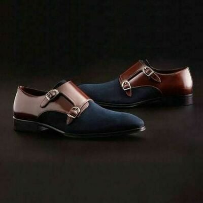 Men Two Tone Shiny Brown Blue Cont Double Buckle Strap Monks Suede Leather Shoes