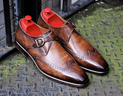 Burnished Brown Genuine Leather Wing Tip Men Single Buckle Strap Monk Shoes