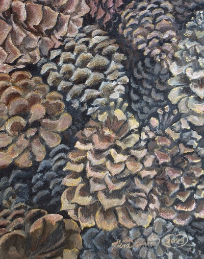 "Pine Cones", Original Acrylic Painting By N.E.Thompson, Artwork Size 8 x10 Inches