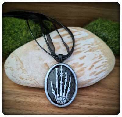 Skeleton hand pendant necklace polymer clay sculpture jewelry