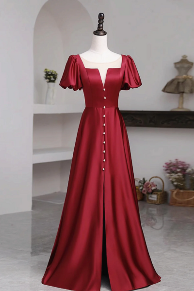 Short Sleeves Burgundy Long Prom Dresses with High Slit, Wine Red High Slit Long Formal Evening Dresses KPP1627