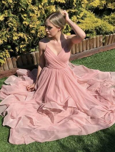 A Line Floor Length V Neck Pink Long Prom Dresses