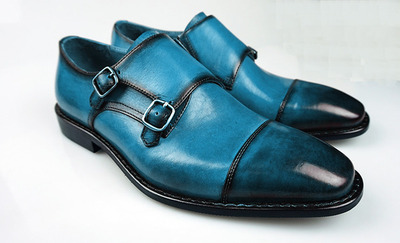 Burnished Cap Toe Double Buckle Straps Monk Genuine Leather Party Wear Men Shoes