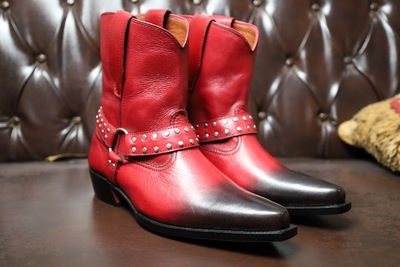 Handmade Men Cowboy Buckle Ankle Boot in Red Color