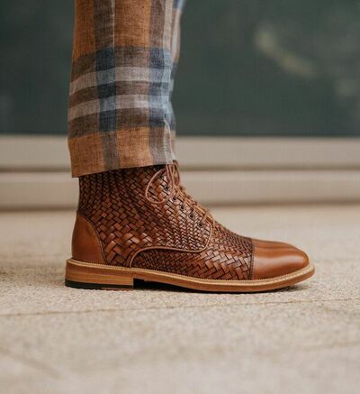 Handmade Mens Two Tone Dylan Brown Woven Leather Ankle High Lace up Boot