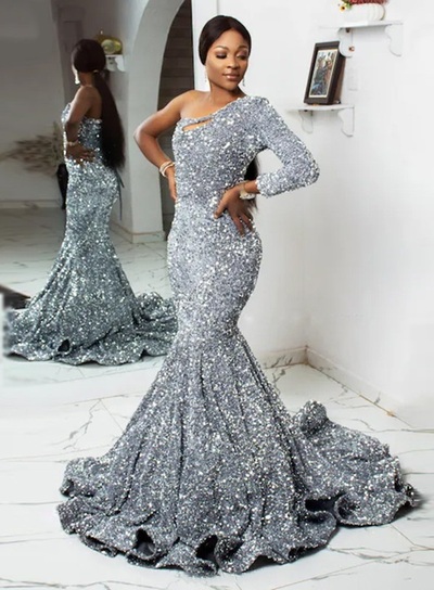 Sparkly Silver Sequins Mermaid Prom Dresses Long Reception Evening Gowns African Women Formal Party Dress,972