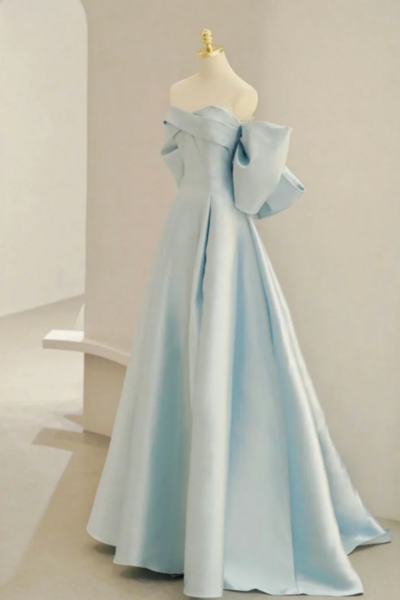 Off the Shoulder Blue Satin Long Prom Dresses, Off Shoulder Blue Long Formal Evening Dresses KPP1630