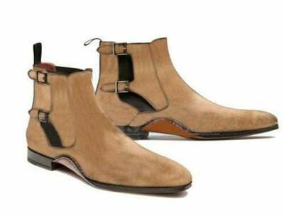Beige Fashion Suede Leather Double Buckle Men Chelsea Boot