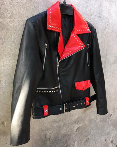 Crafted Leather Handmade Black Red Leather Men Fashion Biker Studded Motorcycle Jacket
