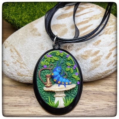 Absolem Alice in Wonderland smoking caterpillar pendant polymer clay sculpture jewelry