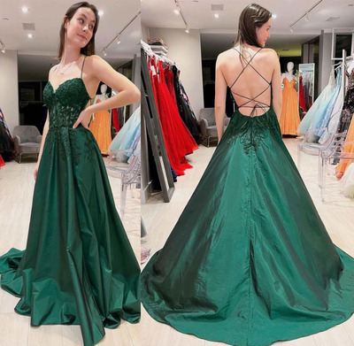 Straps Prom Dresses Dark Green with Appliques