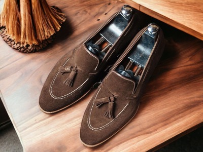 Handmade Men's Brown Suede Tussle Loafers Shoes, Slip On Moccasin Shoes