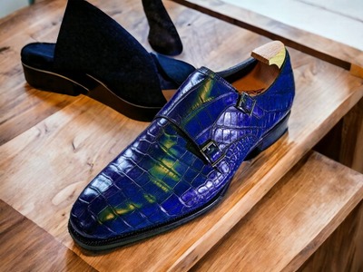 Handmade Men's New Stylish Blue Alligator Double Buckle Shoes, Dress Shoes