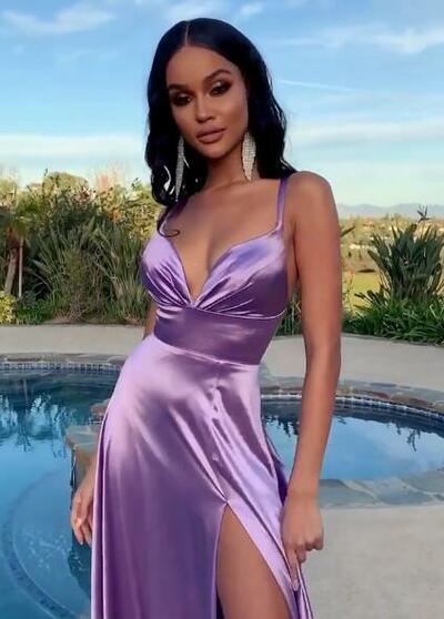 Straps Sheath Long Purple Long Split Prom Dresses