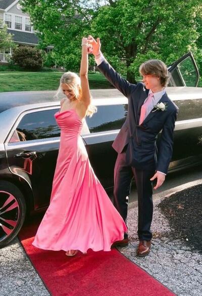 Spaghetti straps pink long prom dresses