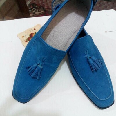 Men handmade genuine suede leather blue tassel loafer shoes - Thumbnail 5