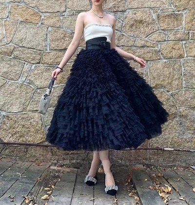 Women Black Tiered Tulle Skirt Outfit Ruffles Black Layered Tulle Skirts Plus Size Maxi Tutu Party Outfit