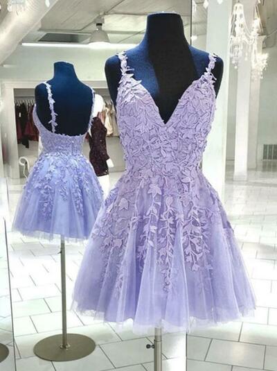 Lilac Short Lace Applique Prom Dress