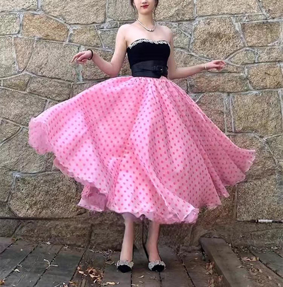 Women PINK Party Skirts Pink Polka Dot Party Skirt Glossy Satin Skirt Plus Size Holiday Skirt Outfit