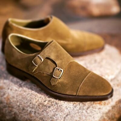 Handmade leather double monk brown suede original leather dress shoes for men custom made on orders