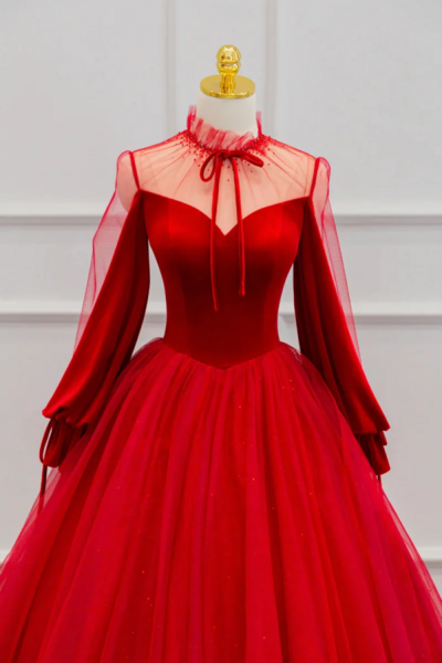 Red Velvet and Tulle Floor Length Prom Dress, Long Sleeve Beautiful A Line Party Dress KPP1632