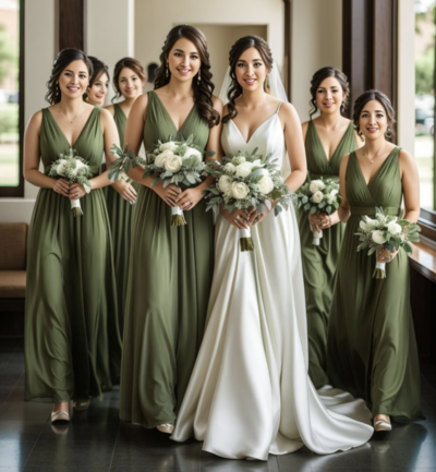 Olive Green Bridesmaid Dresses V Neck for Wedding Party