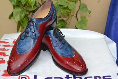 Crafted Leather Bespoke Handmade Classic Blue Patina and Red Calf Unique Oxford Style Lace up Dress Wedding Shoes