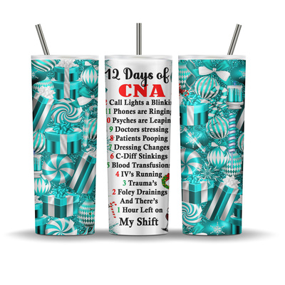 Twelve Days of CNA Christmas themed 20 oz tumbler - snowflakes, ornaments