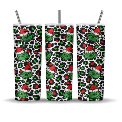 Grinch in Santa Hat on Leopard Print 20 oz tumbler