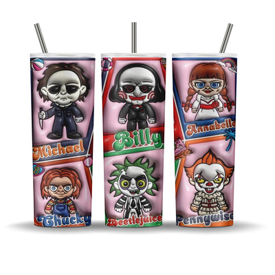 Horror icons Chibi inspired 3d embossed look - Chucky, Pennywise - 20 oz tumbler