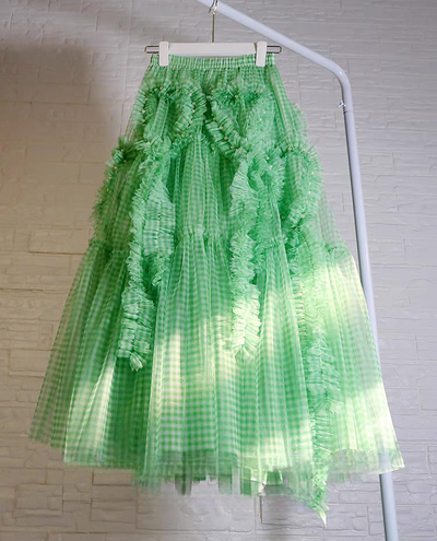 Women Green Plaid Long Tulle Skirts High Waisted Tiered Tulle Skirt Holiday Outfit Custom Plus Size
