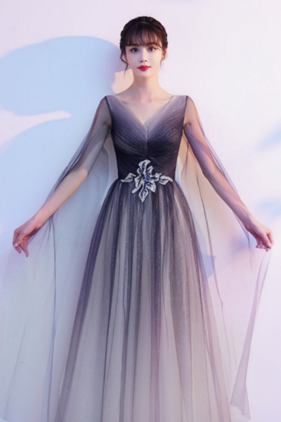 Tulle Gradient V Neckline Tulle Party Dress, A Line Gradient Evening Dress Party Dress KPP1633