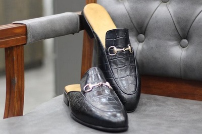 Handmade Genuine Alligator Embossed Leather Mules For Men's