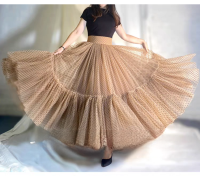 Women Polka Dot Tulle Maxi Skirt Outfit High Waisted Khaki Dotted Maxi Skirt Holiday Tulle Skirt Layered Tutu Skirt Custom Plus Size