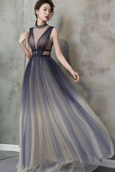 Gradient Tulle V Neckline Long Formal Dress Party Dress, Gradient Prom Dress KPP1637