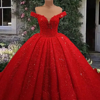 ball gown glitter red sequin quinceanera dresses off shoulder - Thumbnail 1