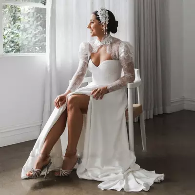 High Slit A Line Wedding Dresses for Women Lace Jacket Sweetheart Bridal Gown Pleat Satin Garden Vestidos De Novia