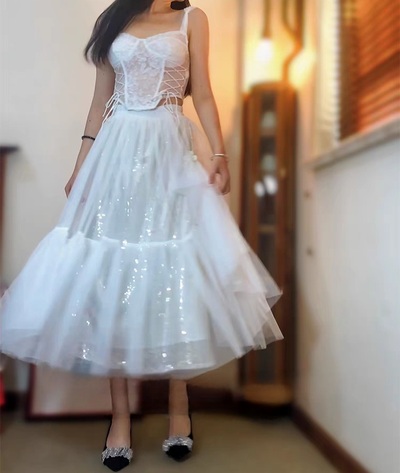 White Layered Tulle Midi Skirt Holiday Outfit White Wedding Party Sequin Tulle Skirt High Waisted Tiered Tulle Skirt Plus Size