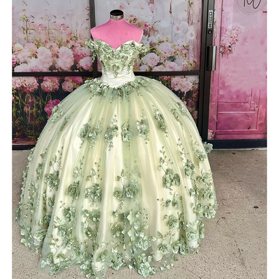 Plus Size 3D Flowers Sage Green Quinceanera Dress with Pearls