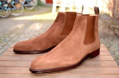 Classic Handmade Camel Brown Suede Ankle High Chelsea Adult Boot,Formal Wear Boot For Men
