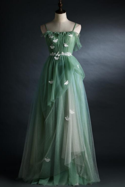 Green Straps Tulle Floor Length A Line Prom Dress, Tulle Scoop Party Dress Evening Dress KPP1640