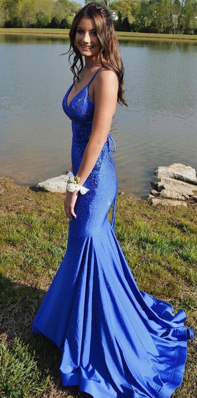 Royal Blue V-Neck Mermaid Beaded Long Prom Dress