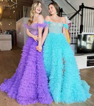 Off The Shoulder Feather Tiered Ruffles Long Evening Prom Dresses
