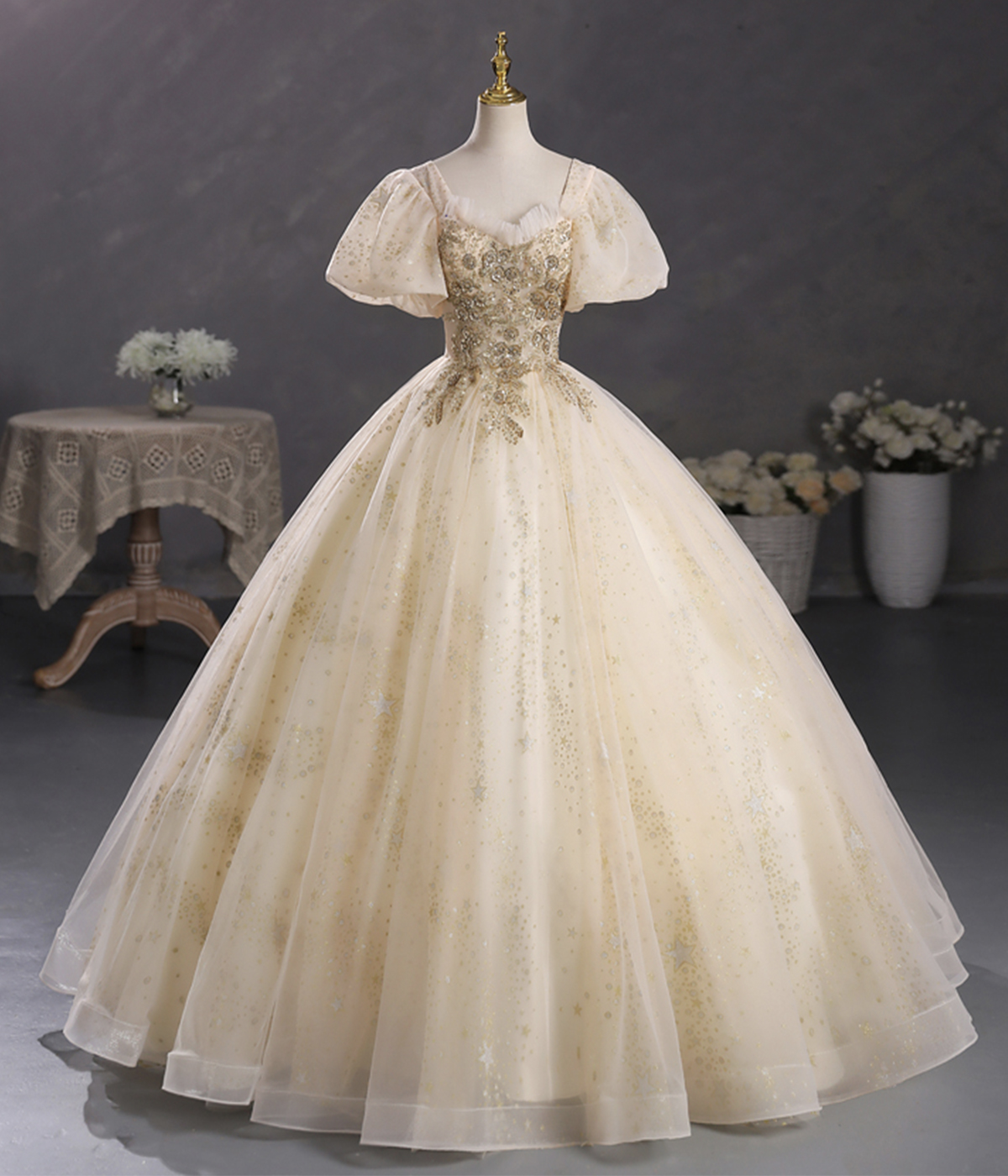 Champagne Tulle Sequins Long A-Line Ball Gown