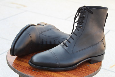 Crafted Leather Handmade Black Calf Leather Ankle High Lace up Dress Boot